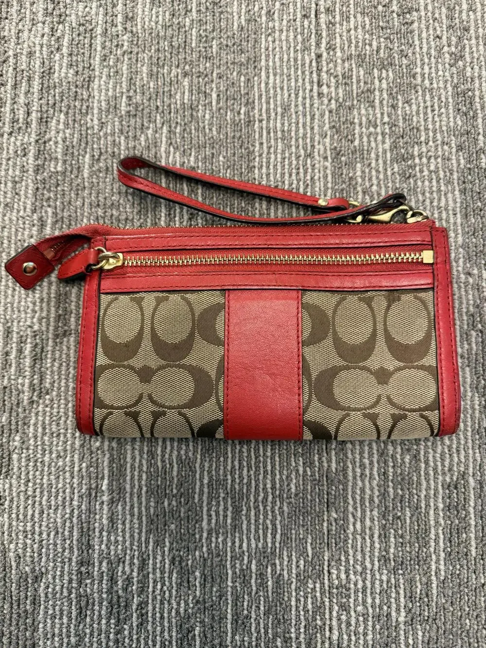Coach Wristlet Womens One Size Brown Red Signature Canvas Leather Zip Pouch
